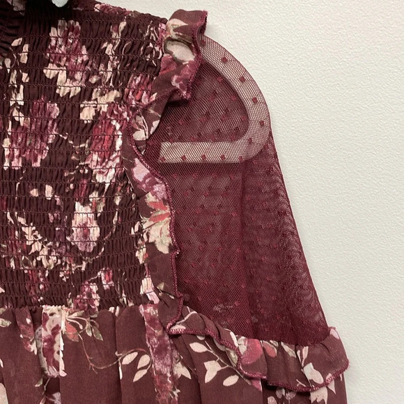 Skylar & Jade Burgundy Sheer Floral Long Sleeve Blouse Lace Ruffle Detail S - Picture 2 of 12